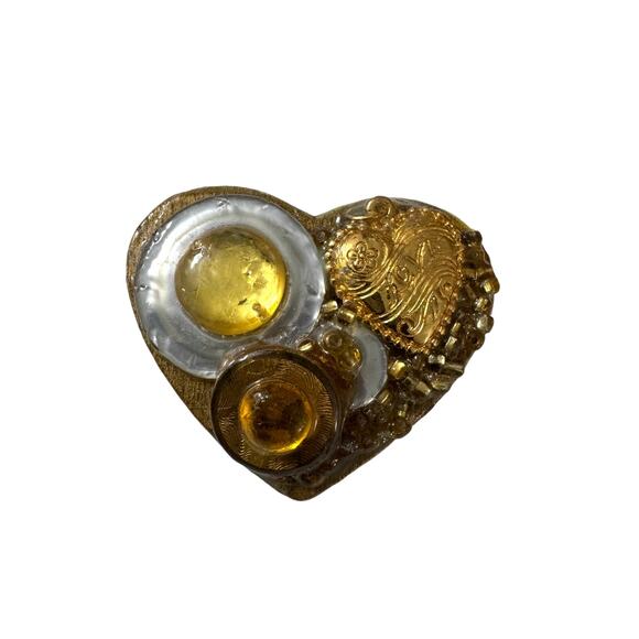 Vintage Artist Made Brooch Golden Wooden Silver Tones Abstract - Picture 1 of 5